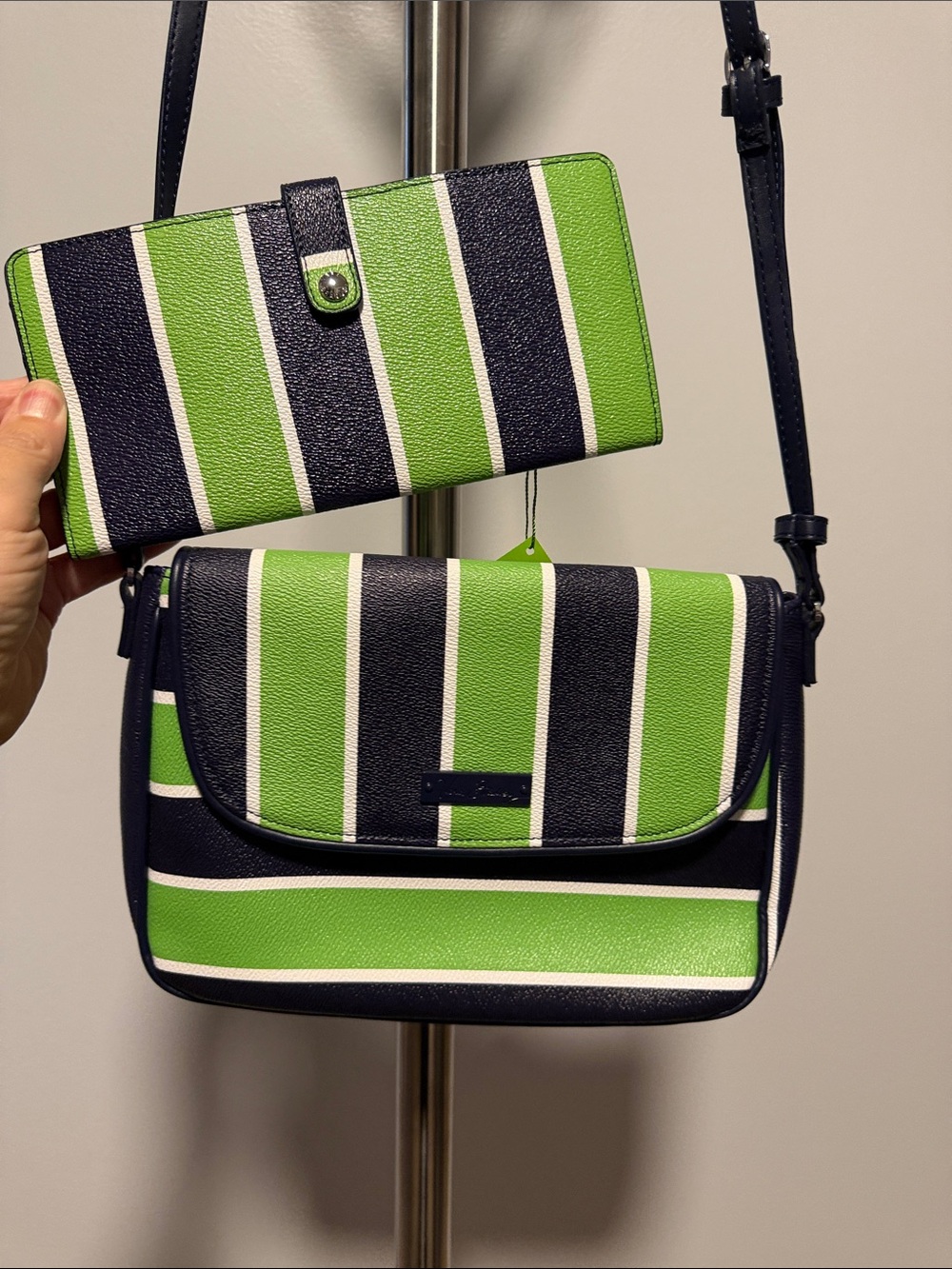 Striped Green and Navy Crossbody Bag with Matching Wallet